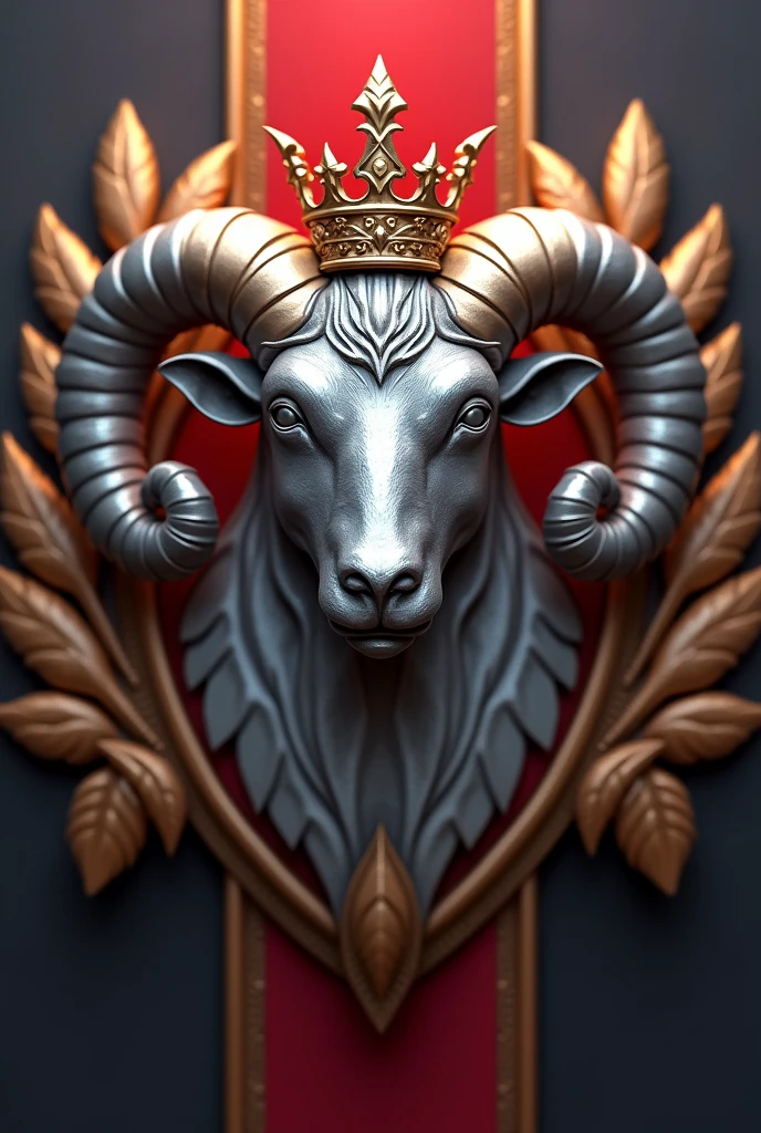 带有金属羊头close up和皇冠的游戏奖章,close up,hearthstone art style, hearthstone style art, Hearthstone concept art, Riot game concept art, League of Legends style, Iconic Character Splash Art,Game Badges,Surrounding metal feathers,Red Gold,C4D Rendering,Less detail,Less details,There is a huge metal sheep's head in the middle