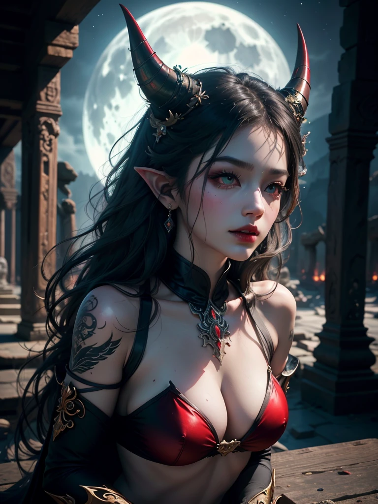 a beautiful busty Asian elf woman with demon horns, glowing eyes, and a demon tail, wearing a black and red bikini armor in ancient ruins at night under a full moon, black tattoo, boots, (best quality,4k,8k,highres,masterpiece:1.2),ultra-detailed,(realistic,photorealistic,photo-realistic:1.37),dark fantasy,cinematic lighting,dramatic atmosphere,vibrant colors,intricate details