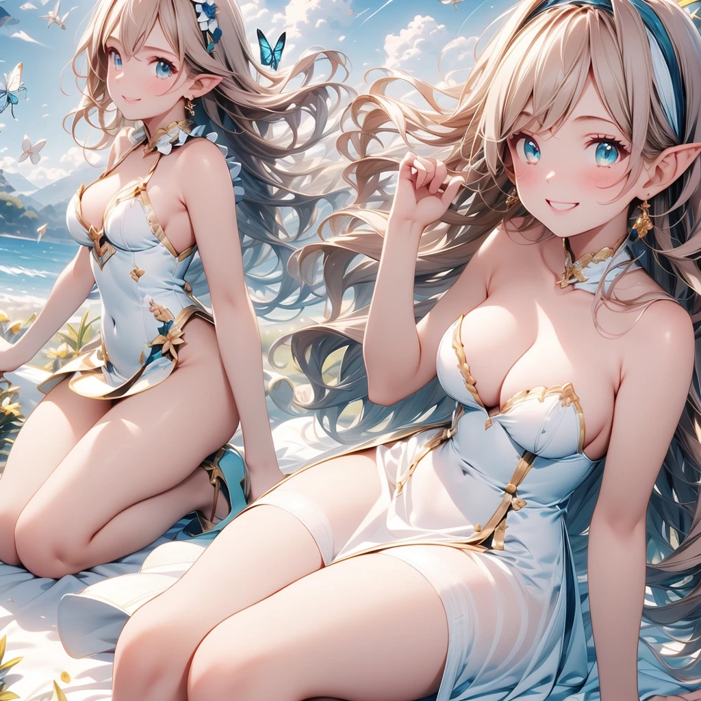 A beautiful 20 years old girl walking in a field of flowers, blue sky with white clouds, artistic fairy costume green mini dress, low-cut and sleeveless dress, crystal high heels, defined hands and legs, full body, looks like a sexy model, a pair of translucent wings, butterflies around, big rounds breasts, cleavage, high heels, dark brown hair, long hair, wavy hair, long bangs, expressive hair, shiny hair, hairclip, hairband, leaf hair ornament, aqua eyes, glowing eyes, pupils sparkling, blush, glossy lips, crystal earrings, pointy ears, smile, fingersmile, seductive smile, naughty face, Color Field painting, high detail, anime, dithering, image fill, first-person view, wide shot, from above, perspective, Wide-Angle, f/1.8, 85mm, Sony FE GM, 8k, 8k wallpaper, super detail, highly detailed CG, UHD, retina, masterpiece, accurate, anatomically correct, textured skin, highres, best quality:1.3, 16k