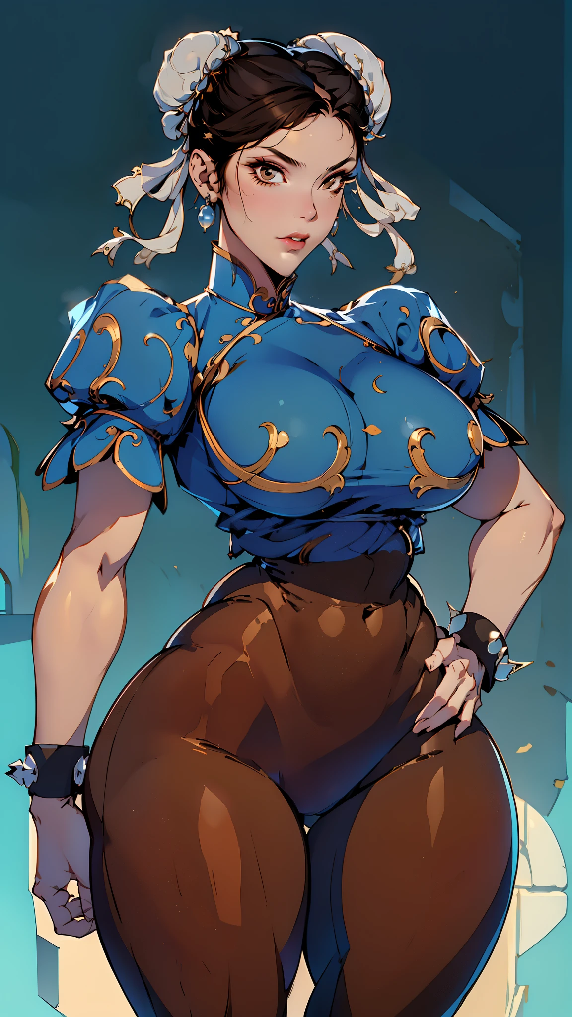 (Best Quality, 8k, 32k,1 Girl, large Breasts, Thick Thighs, Wide Hips, large Ass, Perfect Body, Ultra Detailed Face, Brown Hair, Blue Legging Pants, Chun Li, Stuck Hair, Two Buns in Hair.