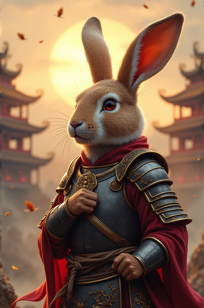 The Chinese zodiac rabbit always wears armor,Revealing the oppressive breath of antiquity,Scene of destruction in the background,There was thunder and lightning in the sky,but、There is a holy dawn