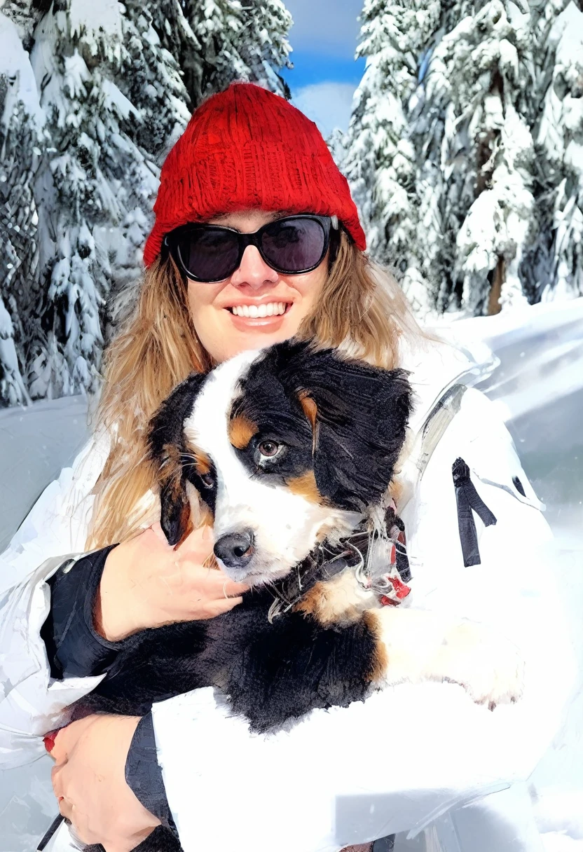 Hyperrealistic and highly detailed portrait of a woman with her pet Bernese dog, capturing every facial detail with emphasis on the woman’s overweight features and imperfect teeth. The woman is looking directly at the camera with a gentle facial expression, realistic and shiny eyes. The image should showcase a sweet and tender bond between the woman and her dog. Very beautiful elaborate oil and watercolor style, composition, and texture. The image should be in 8k resolution, with an extremely detailed CG unit, top-quality real skin texture, RAW photo quality, and hyper-realistic rendering. Masterpiece, high-resolution, best quality.
