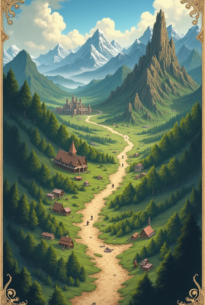 Create the image of a linear map with the following route, for a D&D campaign: The elven forest, the Kobol village, the mountains, the forest of the peak, the village of moran, the cavern of moran, the valley, the sage's temple.
Note: the temple of the sage is supposed to be located at the end of the continent, take that into account.