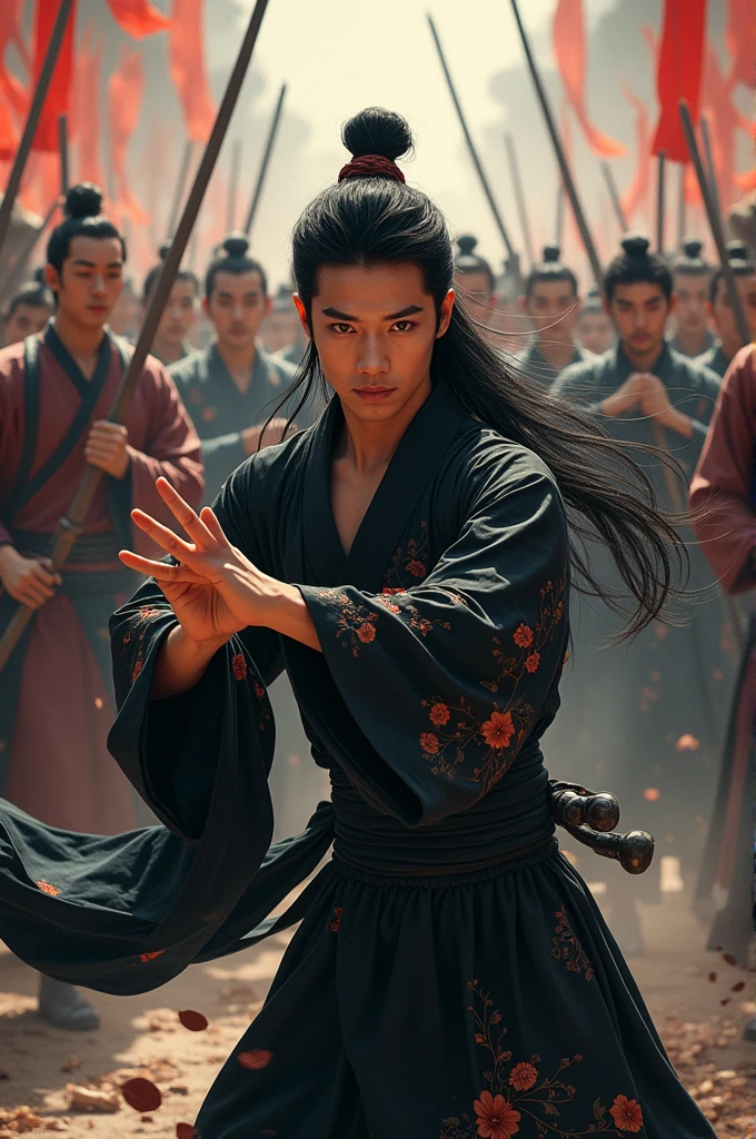 Ancient china, a young man with sharp features an a broad face, wearing a pure black hanfu with flowers embroidered on it. The man is slender and gracefull. With long black hair that reaches his waist. the act of putting your hands forward, your mouth taking
The background is many people wearing ancient Chinese costumes holding high swords. manhua 2D style.