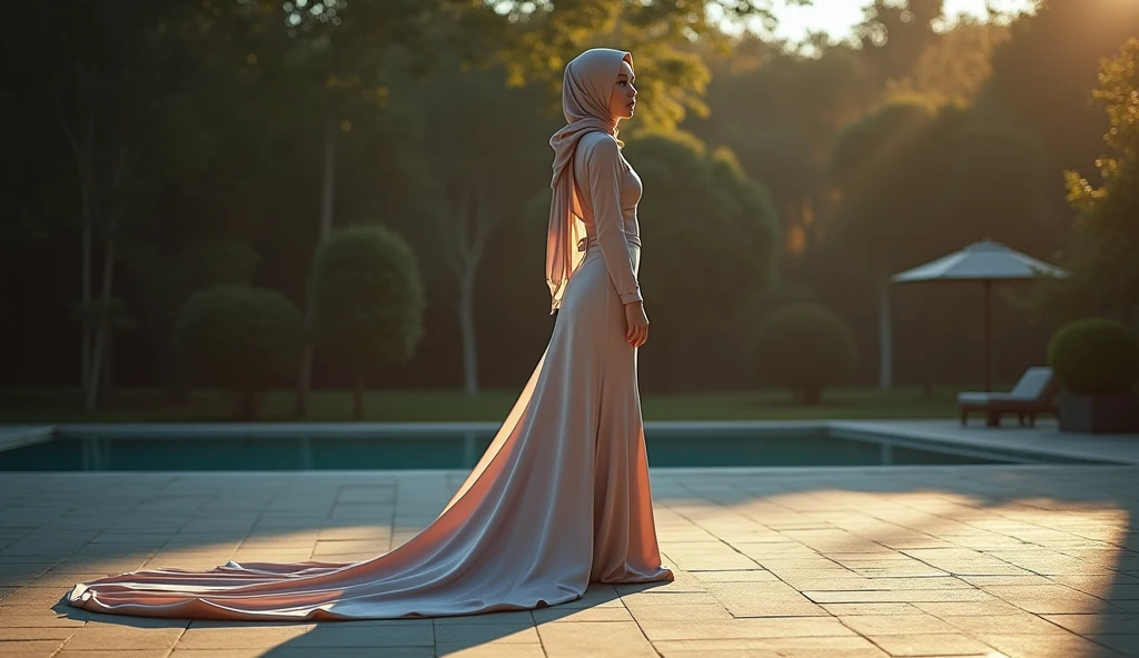 Asian woman in glamorous evening gown, wear modern hijab, mermaid-style, fabric clings tightly, wear sheer outer gown, full-body encapsulation, entirety of fabric about 7 meters in length trailing dramatically, glamours style, overlong satin train, extreme detail on the texture of the satin, highlighting its reflective quality, cinched at the ankle, sexy random pose outdoor, dramatic lighting, ultra realistic, high-resolution photography.