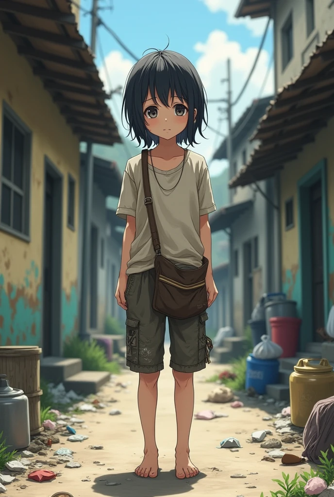 Anime girl in rags living on the streets of a town without shoes 