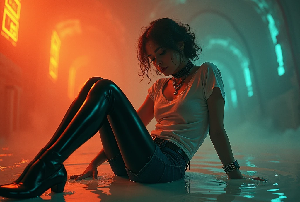 conceptual art, drowning, dripping wet, drama, indulges in fetish, rubber black stockings, vintage jeans cut-offs, wet t-shirt, slave collar, stuck in slime, orange blue, black, void, sensually touches her crotch