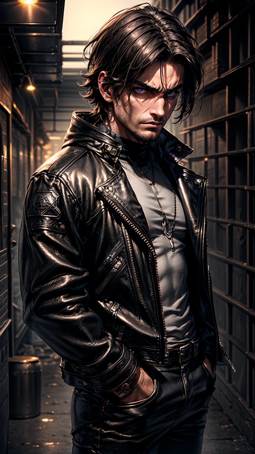 a man wearing a black leather jacket, extremely detailed, high quality, realistic, photorealistic, sharp focus, 8k, highly detailed, ultra-detailed, intricate details, chiaroscuro lighting, dramatic lighting, cinematic lighting, moody atmosphere, brooding expression, intense gaze, rugged facial features, strong jawline, prominent brow, piercing eyes, dark and edgy, gritty urban setting, industrial background, grunge textures, metal surfaces, neon lights, moody blues and shadows