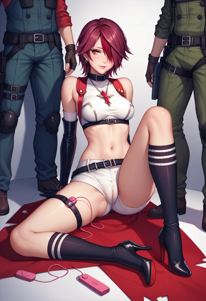 Rosarito, Hair covering one eye,Rockets,Rockets uniform, Red letter R, White shorts,White cropped top,Black knee socks,Black elbow gloves,Camel toe,kneel,sit down,There are people there . Resident Evil 4 . Thick Animal Collar. . High heel.vibrator.