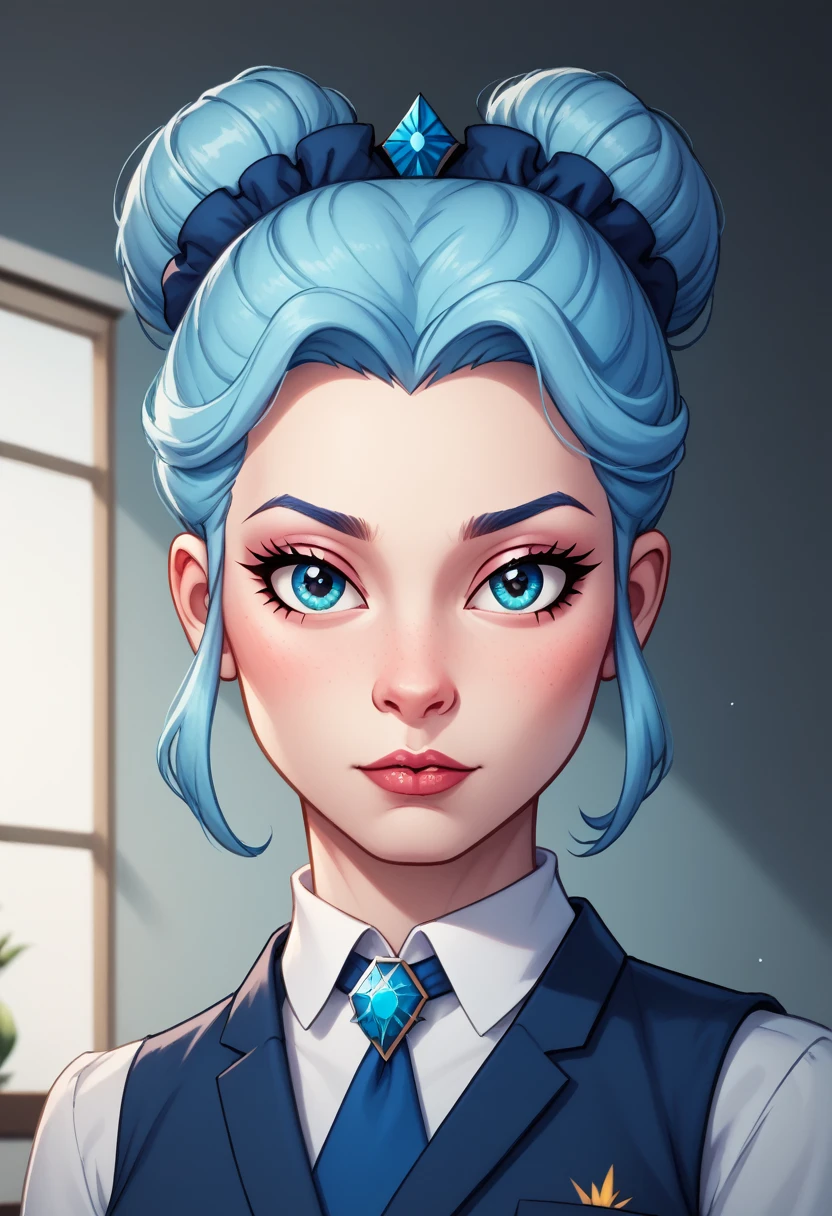 Pony unicorn, the skin color is light blue, the hair is pink and plum. Her hair is caught in a bun with a beautiful blue hairpin. The clothes are beautiful and sophisticated. The pony is elongated and mature. Decorating.Style artgerm, equestria. extremely detailed artgerm.
