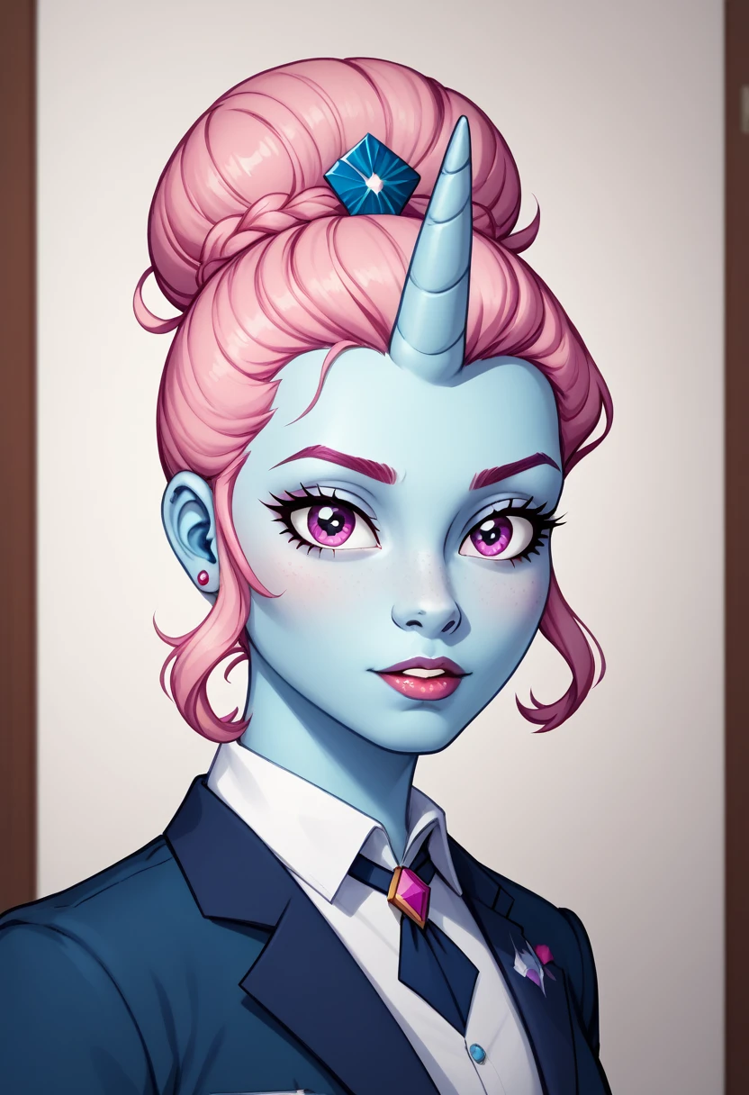 Pony unicorn, the skin color is light blue, the hair is pink and plum. Her hair is caught in a bun with a beautiful blue hairpin. The clothes are beautiful and sophisticated. The pony is elongated and mature. Decorating.Style artgerm, equestria. extremely detailed artgerm.
