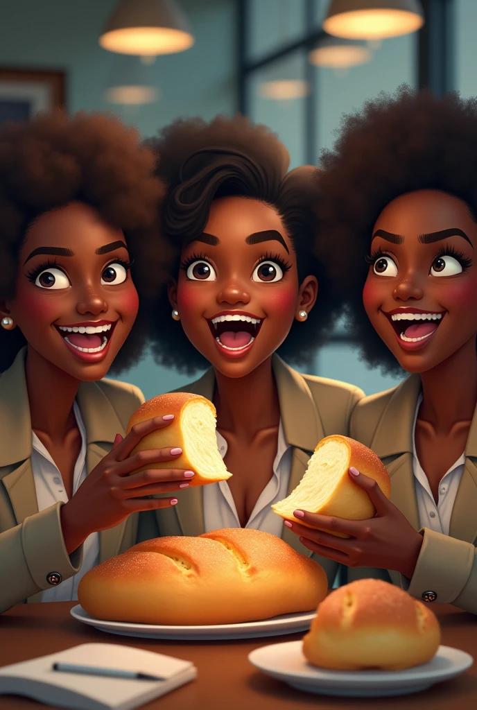 Black team consisting of black Ladies and gentlemen during a meeting excited as they hold and eat eat freshly baked bread