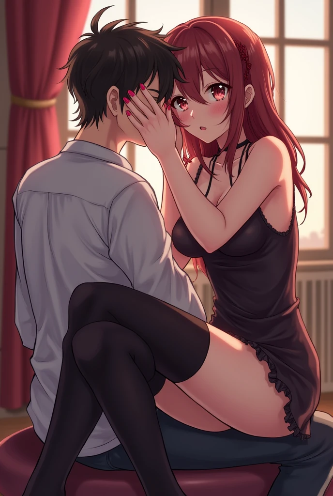 Sexy anime girl in thigh highs sitting on mans face