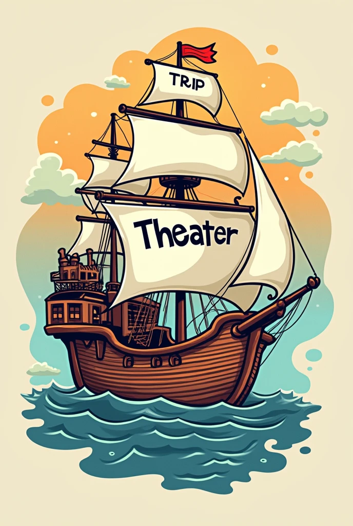 A cute ship motif illustration as the background、A stylish monotone logo with the Trip Theater lettering all in the center.。