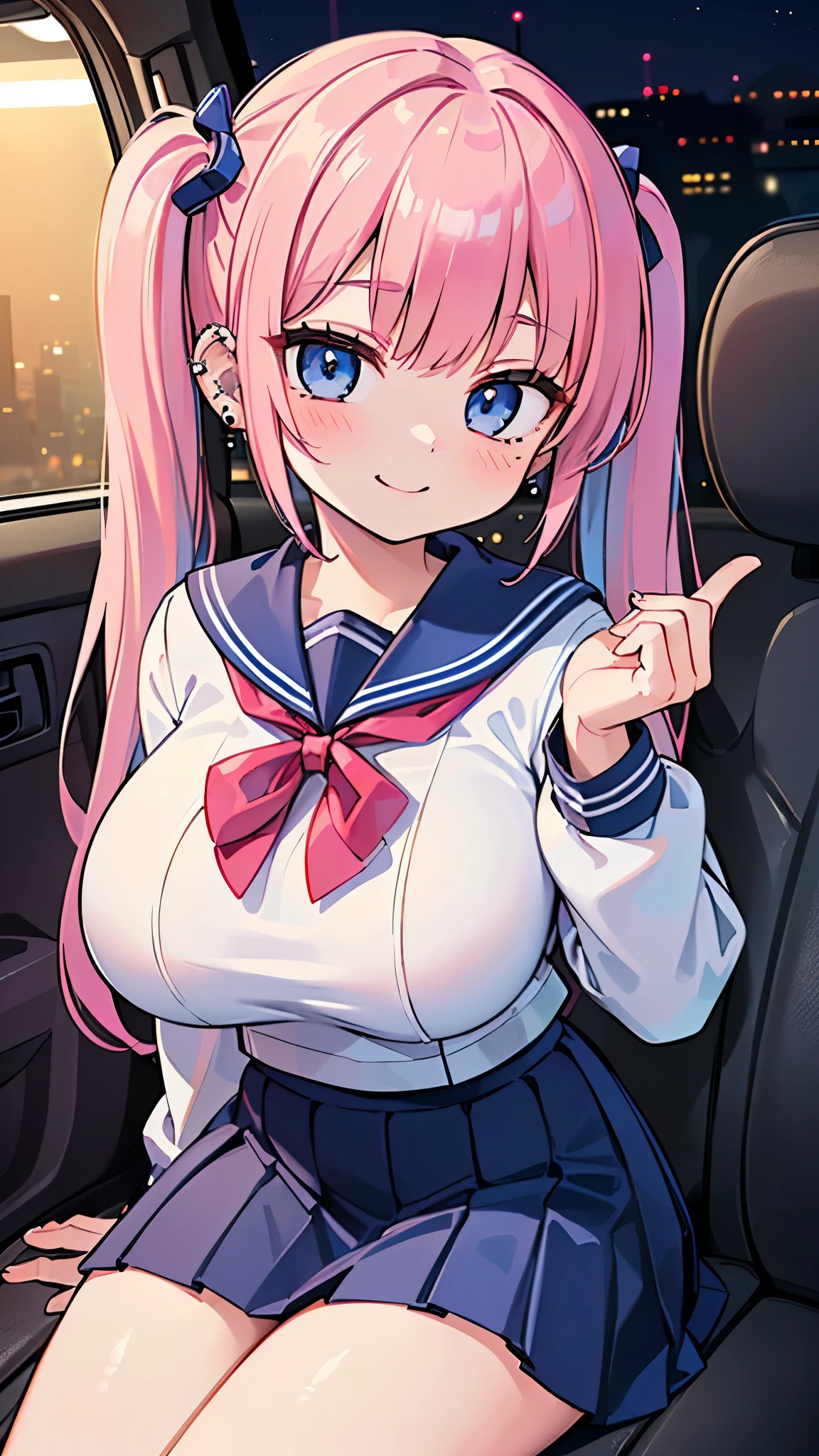 ((masterpiece、Highest quality、Super detailed)、((One girl))、((Pink Hair))、((Twin tails))、((Light blue eyes))、evil smile、((lots of piercings))、((Very large breasts))、((serafuku))、Long sleeve、((Navy blue pleated skirt))、((micro it on leather seats、In the car、Assistant seat、((night))