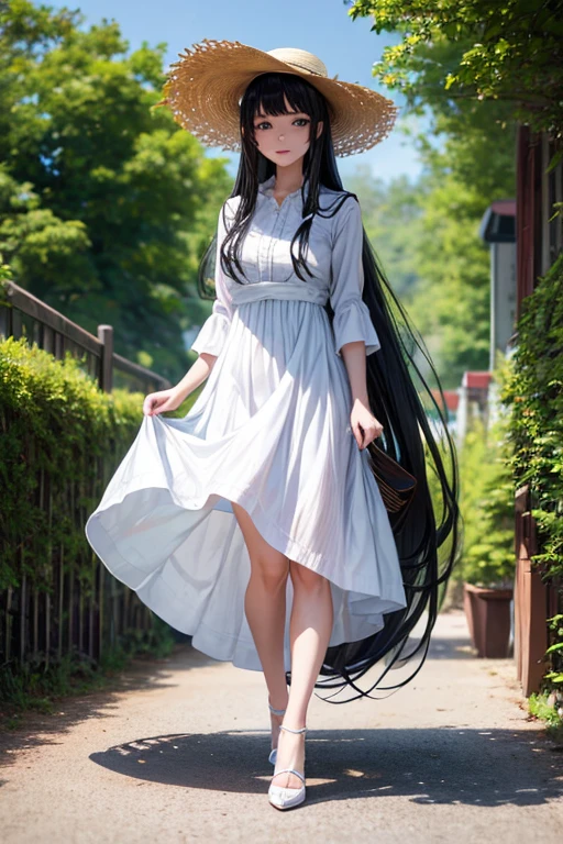 Girl with long black hair, white dress, white high heels and straw hat