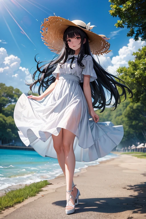 Girl with long black hair, white dress, white high heels and straw hat