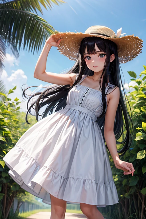 Girl with long black hair, white dress, white high heels and straw hat