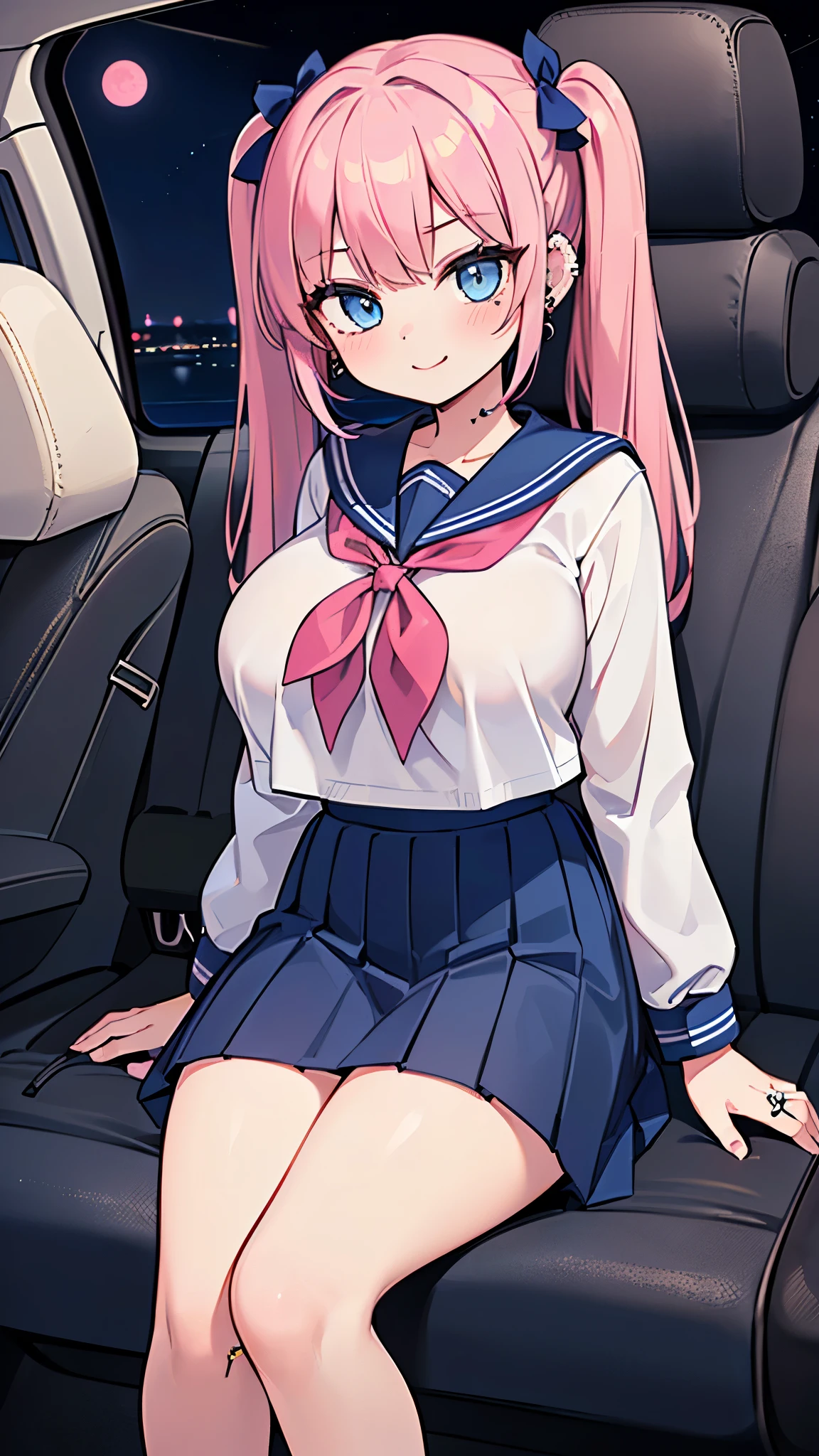 ((masterpiece、Highest quality、Super detailed)、((One girl))、((Pink Hair))、((Twin tails))、((Light blue eyes))、evil smile、((lots of piercings))、((Very large breasts))、((serafuku))、Long sleeve、((Navy blue pleated skirt))、((micro it on leather seats、In the car、Assistant seat、((night))