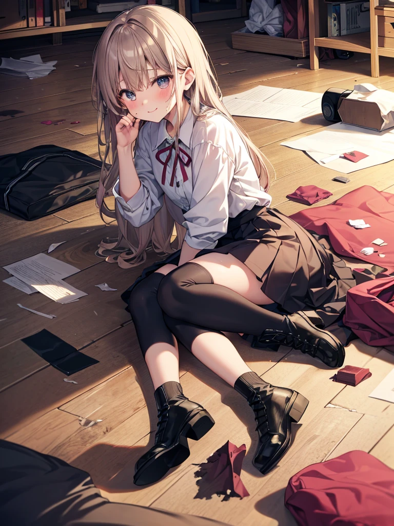 beautiful girl、とてもcute天使、Pink ta Dress、cute、Baby Face、smile、Long skirt、Black long boots、The whole body is covered in oilで光沢感がある Crumpled tissue paper, A small piece of tissue paper that fell to the ground, Excessive sweating on the face,Dripping sweat,Sit on the bed, Dirty duvet Tear up rolled tissue paper, Crumpled tissue paper, A small piece of tissue paper that fell to the ground, Excessive sweating on the face,Dripping sweat,Sit on the bed, Dirty duvet Very old gym mat ,Gymnasium Warehouse, There are a lot of used tissues on the floor , Crumpled trash is scattered all over the place., Jim Matt, Messy room, I am going to cry Embarrassing Dimly lit room Hardwood Floors Small tissue paper rolls scattered around The upper body is school'Designated white gym uniform., Blue Sleeve The bottom half is blue bloomers Close-fitting shorts high school student Illustration Style Anime Style Small lips beautiful girl Very cute clothes Cheeks pink Light purple hair Blonde long hair super curly hair Super long sideburns Rubber clothing hair band Pearl white silk tights that become transparent when wet White super long boots Big eyes Droopy eyes Shocking Pink Rouge Sweating profusely Crushed tissue paper The whole body is wet from rain Steam coming out of the whole body Steam rises across the screen. white breath Haa The whole body is covered in oil evening Overall orange background Sunset sunshine
