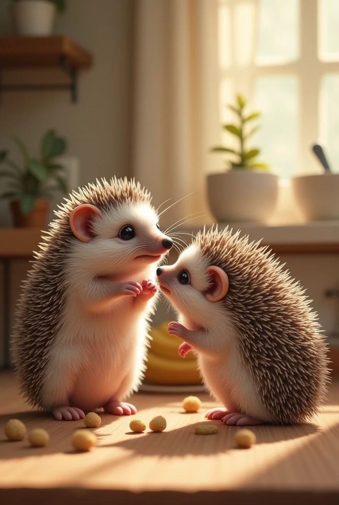 Hedgehogs playing in the kitchen、Adorable、cute、Realistic texture、High-detail images