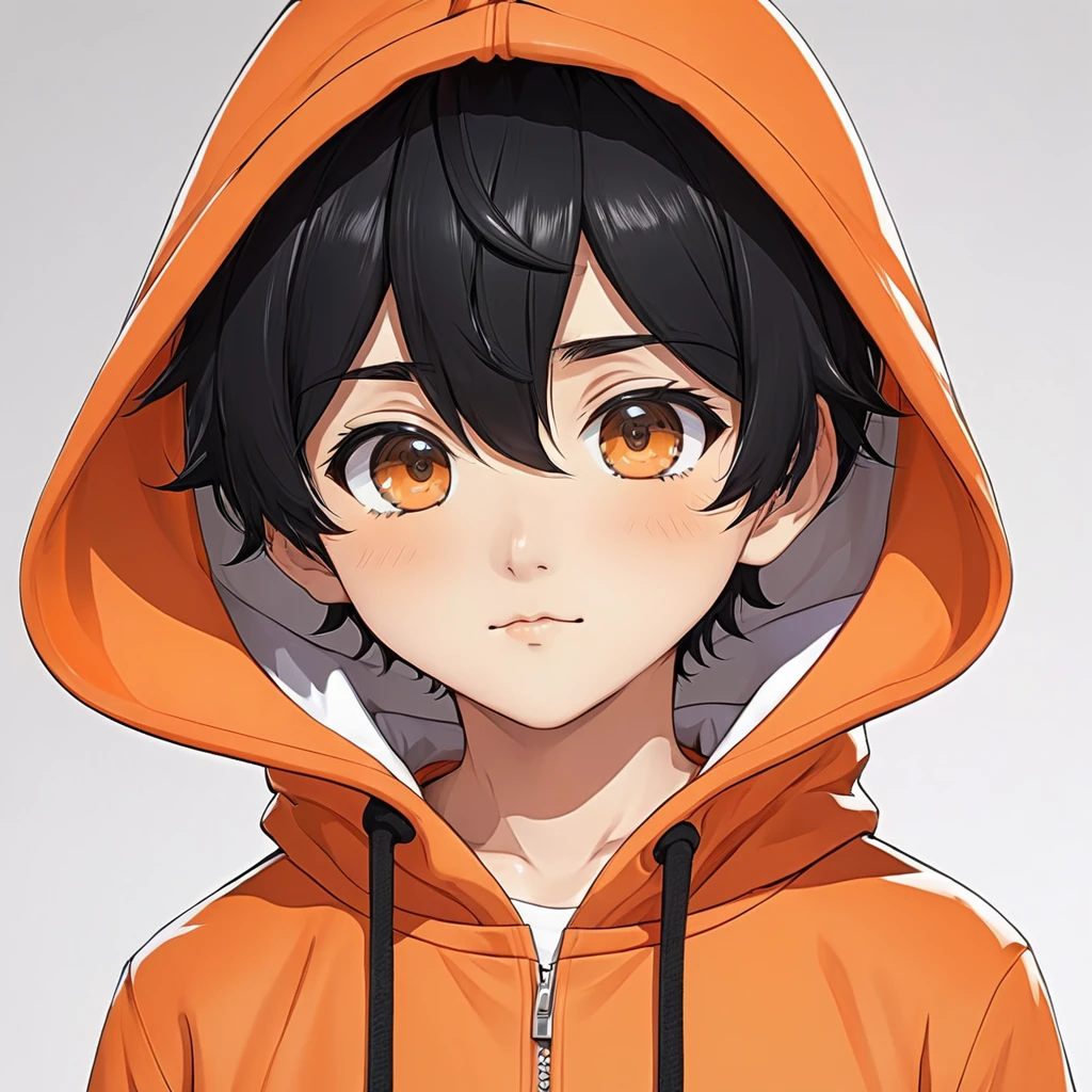 A cute boy、anime、mascot、Wearing an orange hoodie、The background is simple white、Upper Body、Black Hair