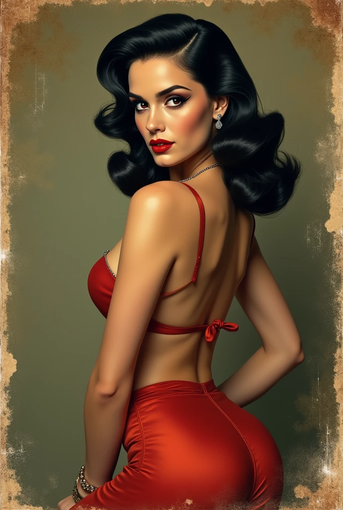there is a woman with a tattoo on her chest and a red lipstick, martin ansin artwork portrait, stunning digital illustration, artstyle tom bagshaw, pinup art, stunning artwork, illustration art, by Galen Dara, artgerm and tom bagshaw, tom bagshaw style, rob rey and kentarõ miura style, art tom bagshaw, a ((film noir)) portrait painting of  looking at the camera with a subtle smile, she is wearing red lipstick and small black earrings and has bare shoulders and ((Luxury Burlesque Illusion Nipple Tassels Pasties breasts)),  shaft of light, by Gediminas Pranckevicius, Jean Giraud, Russ Mills, Carne Griffiths