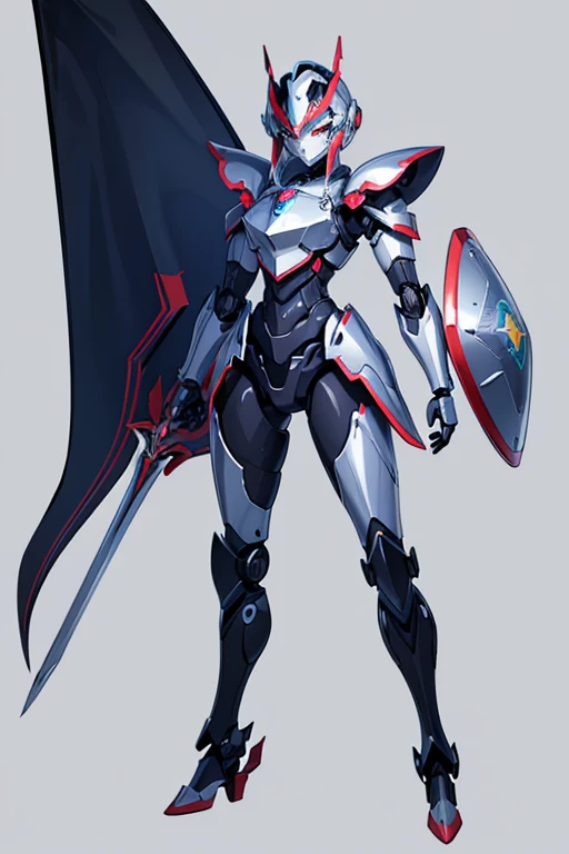 Anime Art、Full body portrait、Fantasy world iron knight robot、Plain background、A female robot with steel-colored skin and a mechanical face, about 165 cm tall, holding a sword and shield.、Visor-type camera eye、Simple Full Helm、A robotic face with no nose or mouth、Simple armor