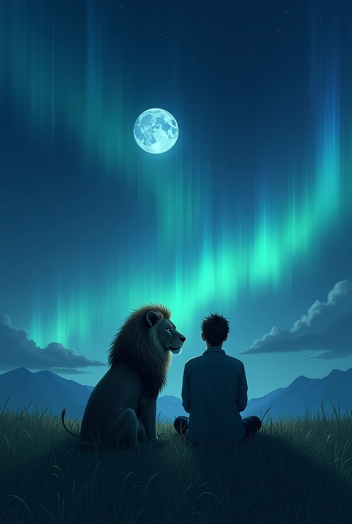 Night sky me sitting on grass ,moon,northern lights realistic,with my pet lion