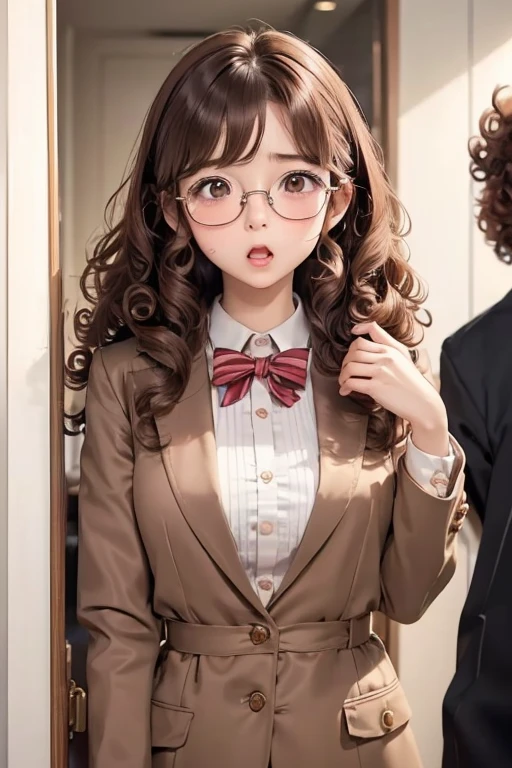 1 female,Brown Hair, ,((Anxious expression)),Small breasts、Small breasts,uniform,stylish,,(look forward to)(((blush、Surprised expression)),(((Curly Hair、Long Hair))),Frameless Glasses