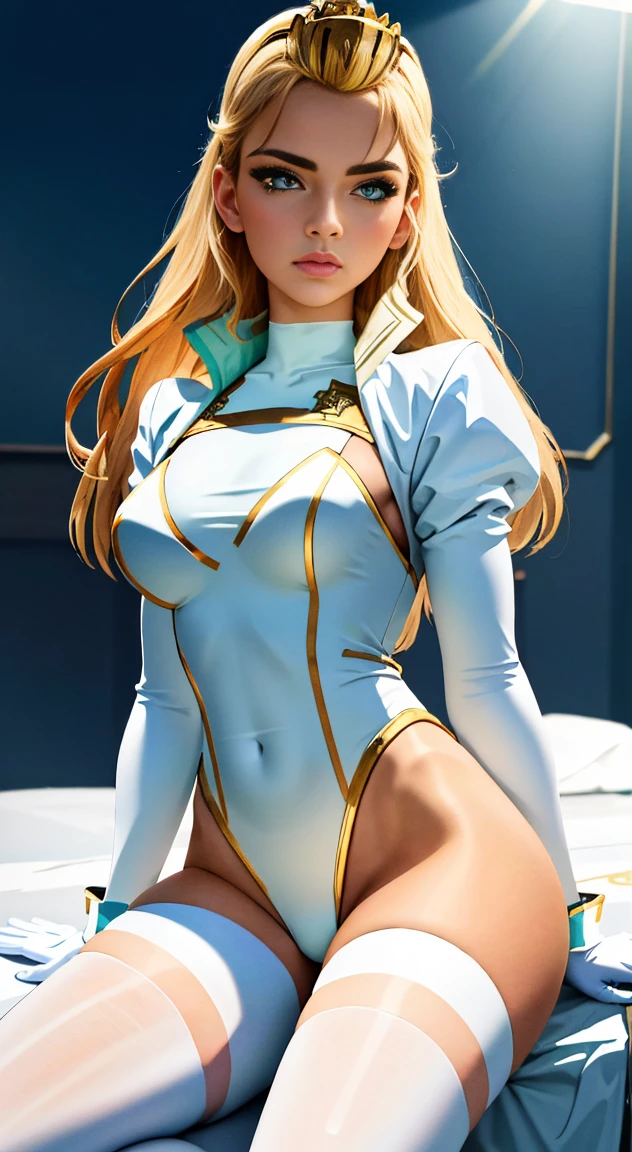 (best quality,highres,masterpiece:1.2),(realistic:1.37),ultra-detailed,Adora wearing skimpy white tights, white microbikini, massive breasts, red booty shorts, white gloves with golden accents,long blonde hair flowing in the wind,sparkling blue eyes with determination,shining gold tiara adorning her forehead,vivid colors illuminating the scene,seductive, posing on a bed, staring at viewer, pouty lips                                         
(turquoise, pale pink, and gold color tones),(angelic lighting)