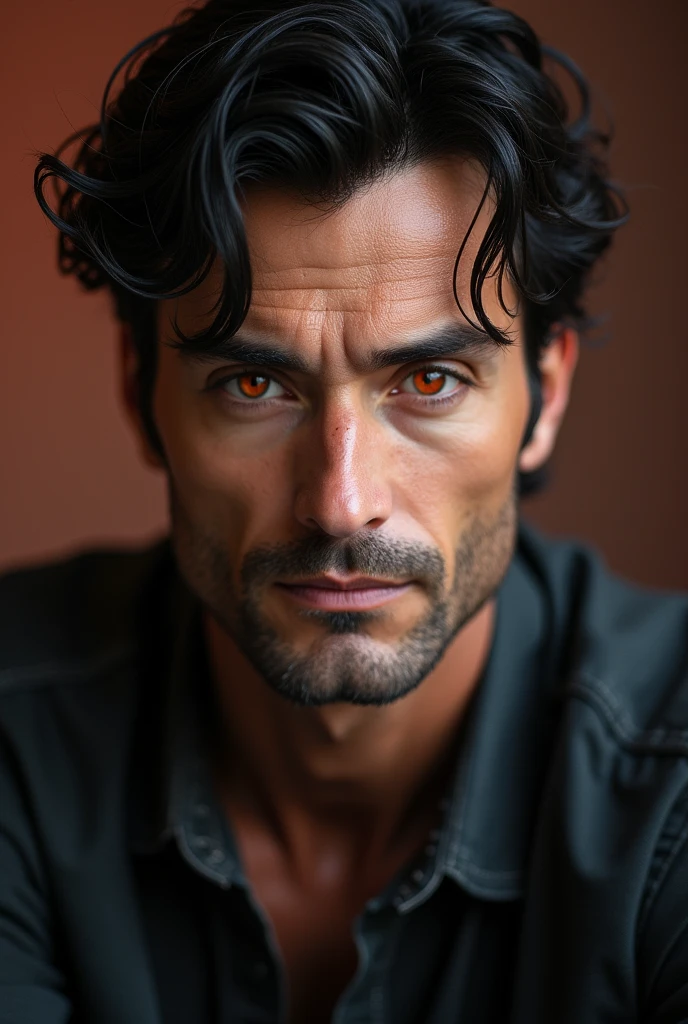 handsome mature man with red eyes and black hair