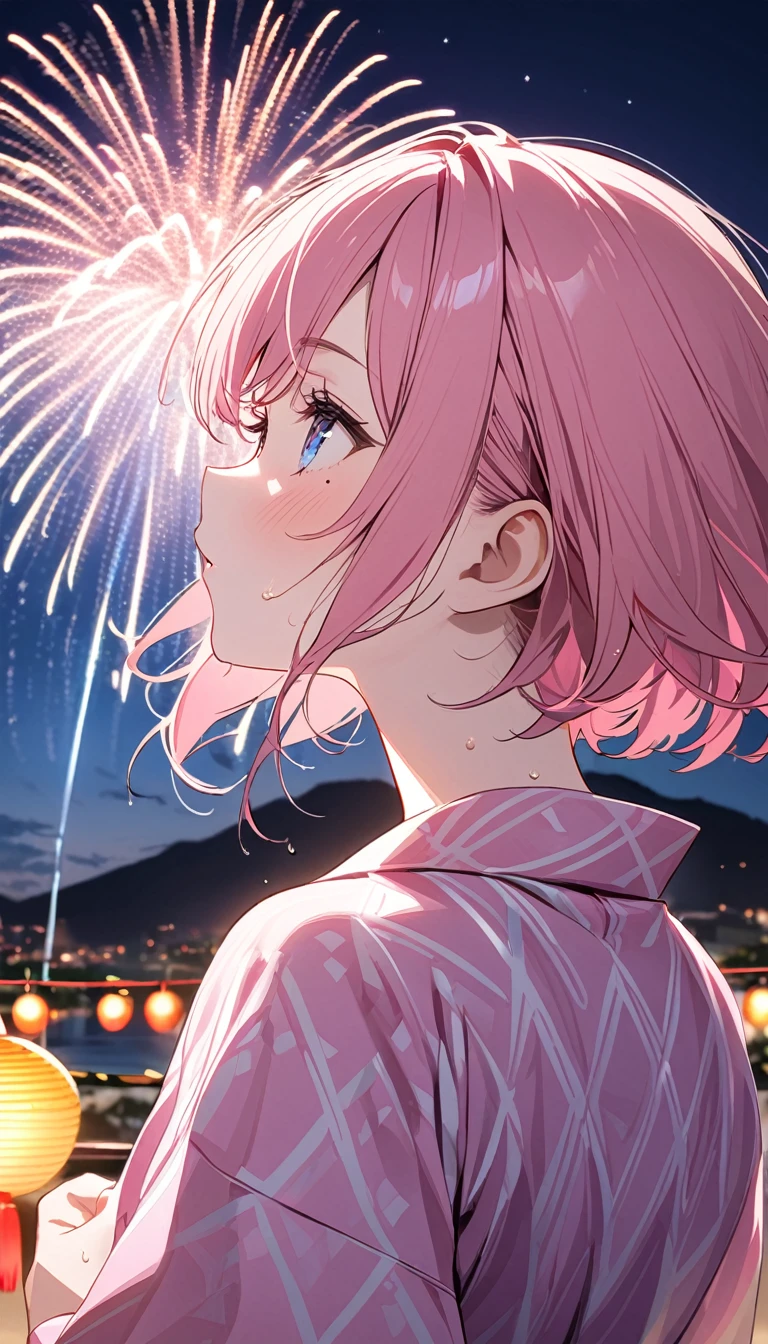 (1 girl),(Best Picture Quality, 8K, Masterpiece:1.3), (high school student:1.5), ((pink lob hair:1.1)), (bob cut),(swept bangs), (cute eyes, pupil black, iris skyblue, youthful face), (mole under right eye), (standard weight), (small breasts), (glistening skin:1.3),(pale skin:1.2),(sweaty skin:1.2),BREAK ((pink yukata, solid pattern)),(looking up at the sky),(back shot), (strong wind), night, summer festival, fireworks, pulled composition,(magnificent view:1.3).