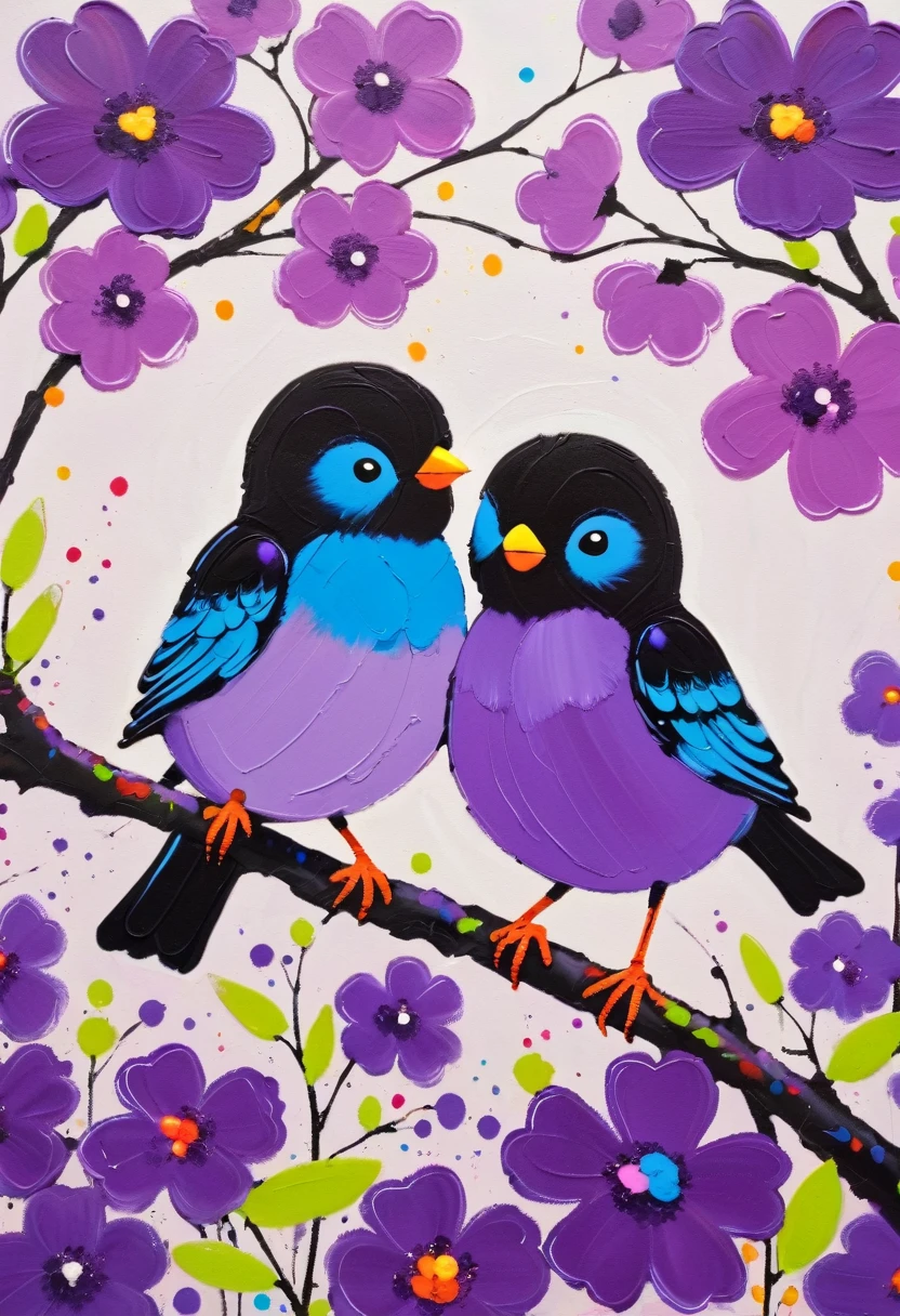 (((Colorful black,Oil stick painting,Volume,Thick coating,Children's graffiti))),Painting of two birds sitting on a branch with flowers, Bright colors的鸟, Purple and, cute的, Bright colors,cute, Lavender Color and Color Schemes, and purple color scheme,(((High Saturation)))