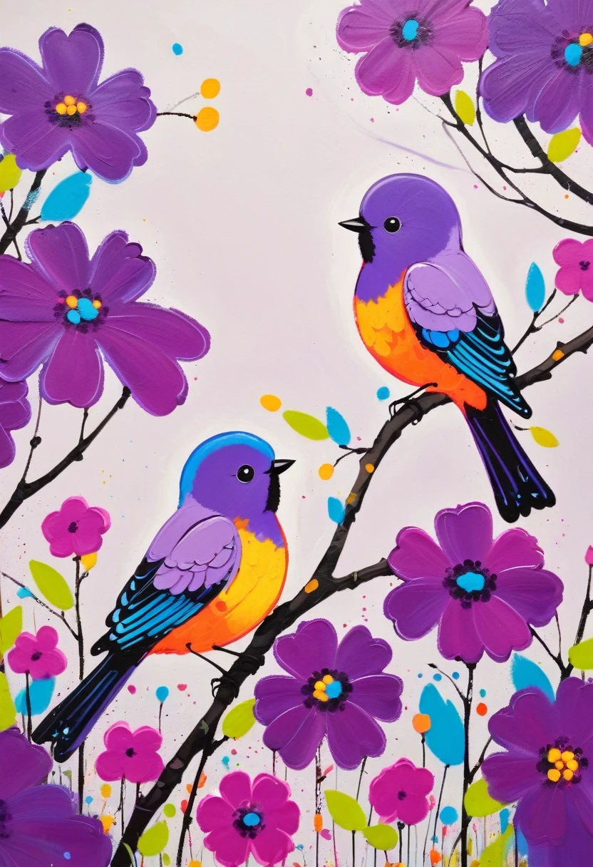 (((Colorful black，Oil stick painting，Volume，Thick coating，Children's graffiti)))，Painting of two birds sitting on a branch with flowers, Bright colors的鸟, Purple and, cute的, Bright colors，cute, Lavender Color and Color Schemes, and purple color scheme,(((High Saturation)))