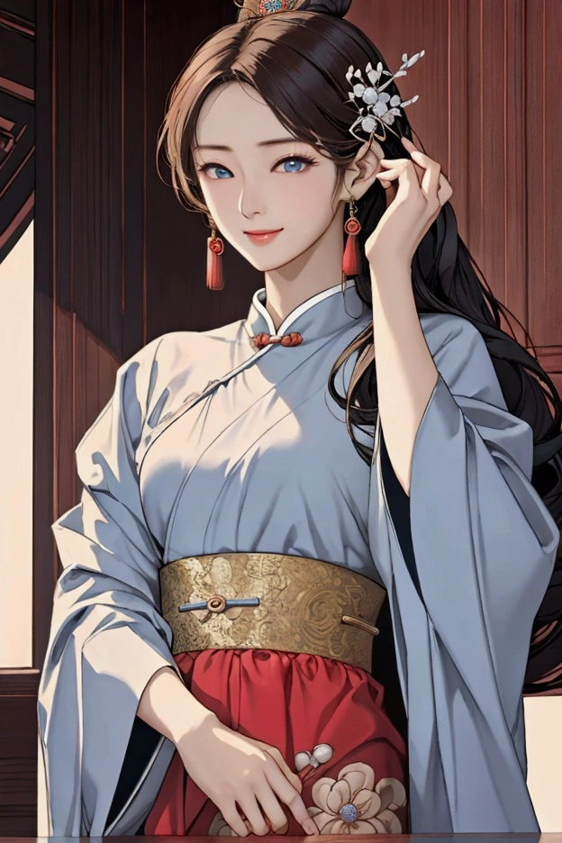 (Highest quality、 8k 、masterpiece、High resolution)、(Chinese Drama、Changgexing、Li Changge、Dililaba)、Tang Dynasty、Changan、1 Female、Rich man's daughter、(Princess of the royal family)、Anime Beauty、Appropriate attire、Head ornament、Hairpin、Beautiful young person、blue eyes、smile、(背景は古いChanganの街並み、Tang Dynasty Buildings、Tang Dynasty Buildings)、Anime Art、Official Art、Detailed CG、