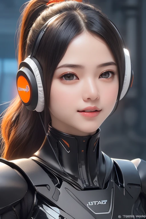 Top Quality, Masterpiece, Ultra High Resolution, (Photorealistic: 1.4), Raw Photo, 1 Girl, Black Hair, Glossy Skin, 1 Mechanical Girl, (((Ultra Realistic Details)), Portrait, Global Illumination, Shadows, Octane Rendering, 8K, Ultra Sharp, Intricate Ornaments Details, realistic skin, sweat effect, ((wearing Headphone)), very intricate detail, realistic light, CGSoation trend, brown eyes, glowing eyes, matte black and glossy orange mechanical bodysuit, Long hair, black hair, Ponytail hair, Half body shot, spaceship bridge background, dynamic pose, cute smile, close up, Open Mouth, facing audience