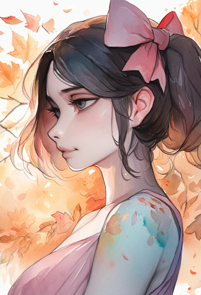 (8k, best quality, masterpiece:1.2),(best quality:1.0), (ultra highres:1.0), watercolor, a beautiful woman, shoulder, hair ribbons, by agnes cecile, half body portrait, extremely luminous bright design, pastel colors, (ink:1.3), autumn lights,