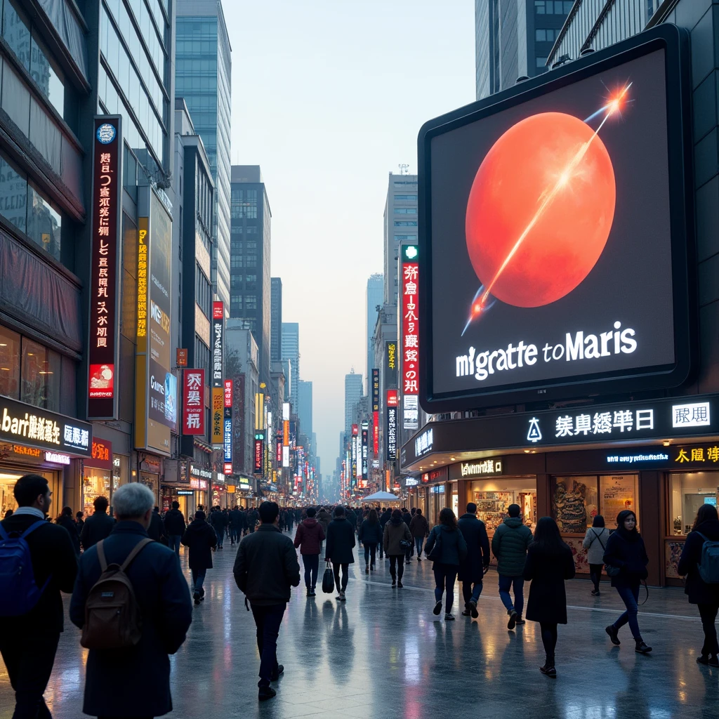 Near future. The streets of Tokyo, where people come and go. A commercial encouraging people to migrate to Mars runs on a huge monitor display.
