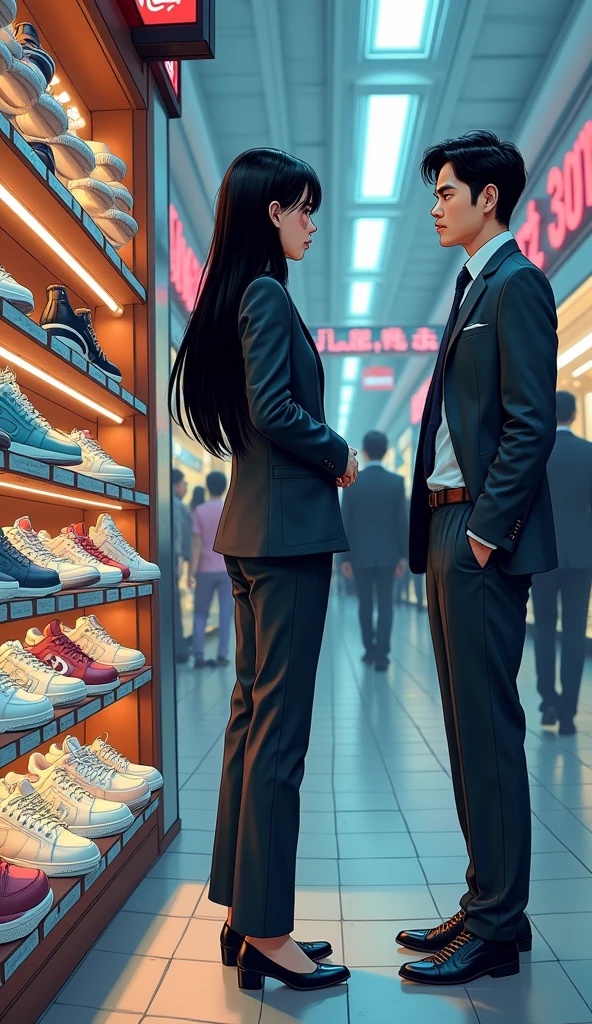 ((A woman with long hair)),Standing on the side of the street,Black straight hair,Ladies suits,((Cold expression)),Japanese comic style,Selecting high-end sports shoes in the mall,Shopping。A short-haired man next to him was talking to him