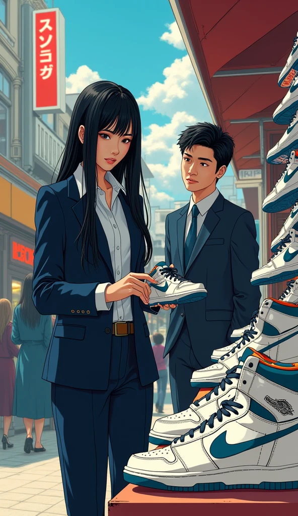 ((A woman with long hair)),Standing on the side of the street,Black straight hair,Ladies suits,((Cold expression)),Japanese comic style,Selecting high-end sports shoes in the mall,Shopping。A short-haired man next to him was talking to him