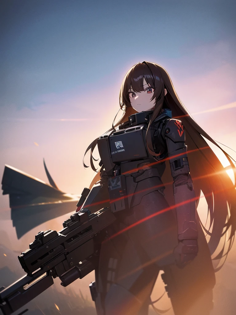 1 Robot, Get noticed, Holding_gun, assault_rifle, Very detailed, Brown Hair, Long Hair, Anime Style, whole body, alone, Stylish Gunfighter Girl, スチームパンクの長gun身ピストルを持っている,Standing in the Wilderness, 8K high resolution, White Background, The background is a dark and desolate landscape, Horror movie atmosphere. Her figure is very beautiful, Emphasizing the dark and crazy elements. Skillfully expressing the effects of light and shadow, Anime girls with guns and rifles, from Girl&#39; Forefront, Mechanized Soldier Girl