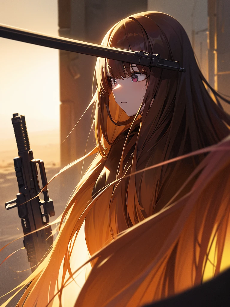 1 Robot, Get noticed, Holding_gun, assault_rifle, Very detailed, Brown Hair, Long Hair, Anime Style, whole body, alone, Stylish Gunfighter Girl, スチームパンクの長gun身ピストルを持っている,Standing in the Wilderness, 8K high resolution, White Background, The background is a dark and desolate landscape, Horror movie atmosphere. Her figure is very beautiful, Emphasizing the dark and crazy elements. Skillfully expressing the effects of light and shadow, Anime girls with guns and rifles, from Girl&#39; Forefront, Mechanized Soldier Girl