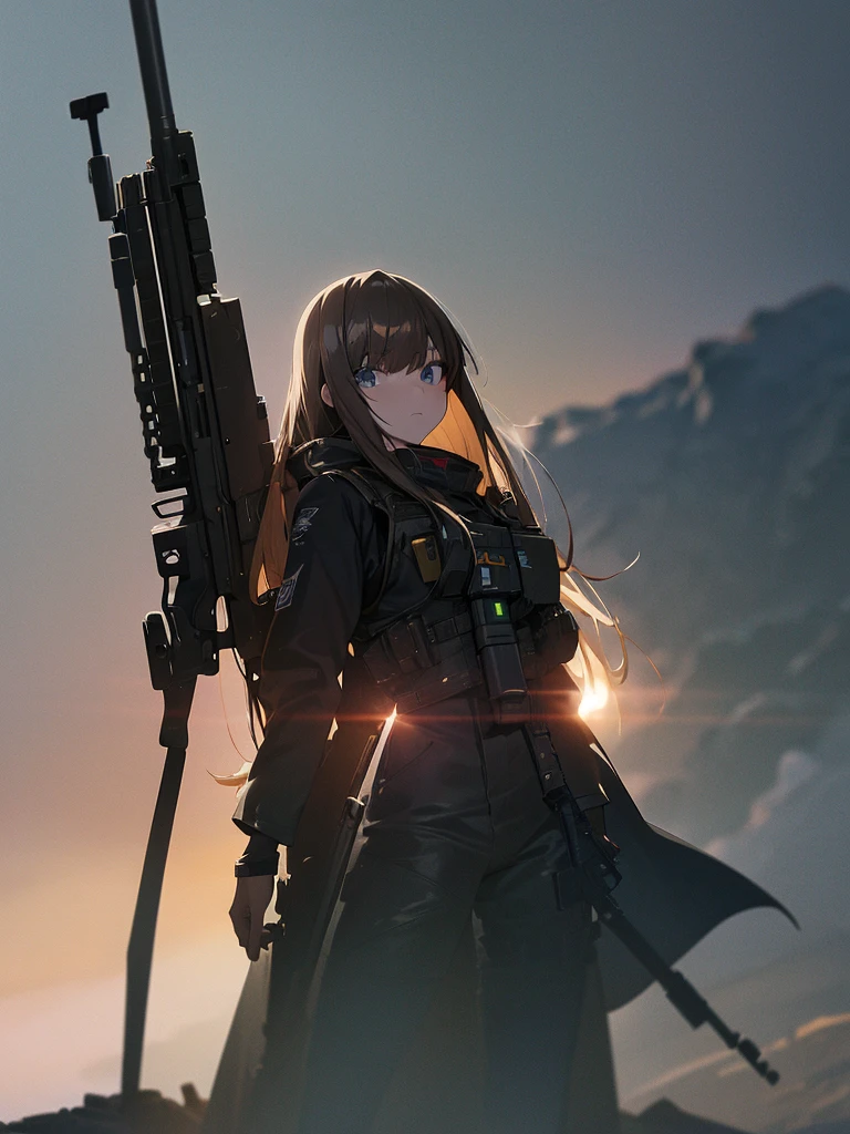 1 Robot, Get noticed, Holding_gun, assault_rifle, Very detailed, Brown Hair, Long Hair, Anime Style, whole body, alone, Stylish Gunfighter Girl, スチームパンクの長gun身ピストルを持っている,Standing in the Wilderness, 8K high resolution, White Background, The background is a dark and desolate landscape, Horror movie atmosphere. Her figure is very beautiful, Emphasizing the dark and crazy elements. Skillfully expressing the effects of light and shadow, Anime girls with guns and rifles, from Girl&#39; Forefront, Mechanized Soldier Girl