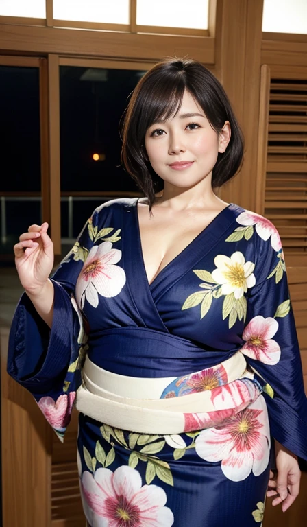 Beautiful Japanese Women、Beautiful mature woman、age 40～65 years old、Watery eye、Nasolabial folds、Classy sex appeal、sexy、Perfect lighting、beauty、透明なbeauty、8KHigh resolution、beauty in natural light、High resolution、Realistic、masterpiece、smile、Gravure quality、55-year-old Mrs...、Plump figure、Big Ass、Yukata Festival、evening、Random hairstyle、Random pose、Open chest