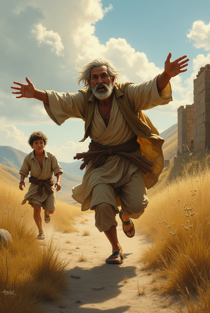 Create an image, how the father runs towards the lost son with tears, what happens in antiquity
