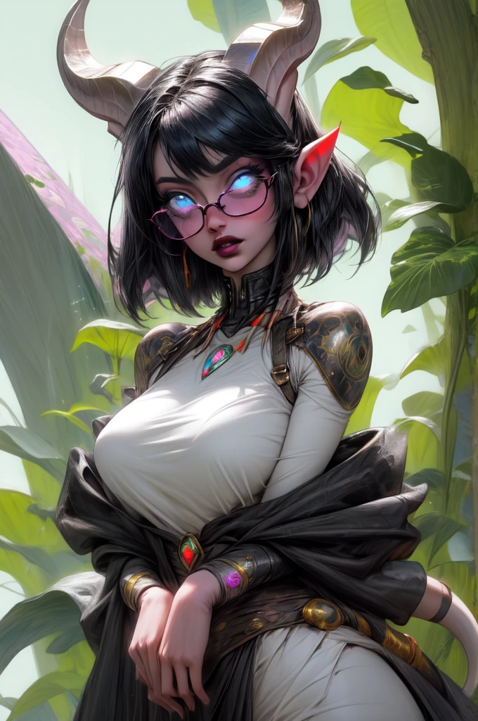 masterpiece, best quality, 1girl, solo, draenei, glowing eyes, colored sclera, tail ornament, hooves, white skin, blue eyes, black hair, shiny silver pouty lips, (tentacle hair:0.8), close-up, upper body, hair ornament, plump and large breasts, shiny skin, shiny silver lipstick, glasses, bob hair cut, fantasy, magic, psy powers