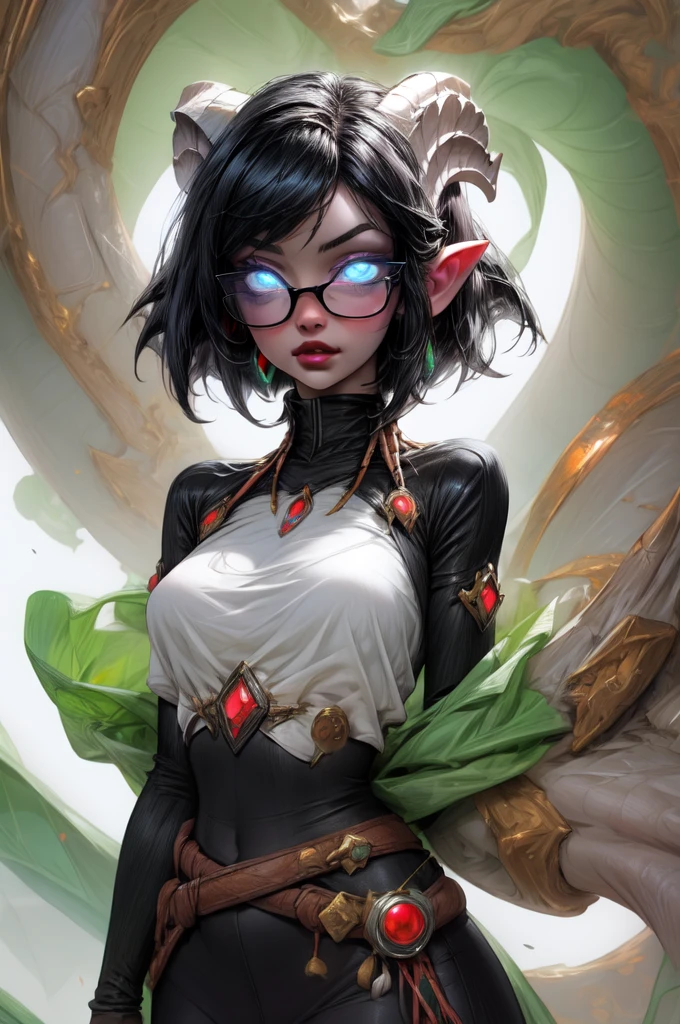 masterpiece, best quality, 1girl, solo, draenei, glowing eyes, colored sclera, tail ornament, hooves, white skin, blue eyes, black hair, shiny silver pouty lips, (tentacle hair:0.8), close-up, upper body, hair ornament, plump and large breasts, shiny skin, shiny silver lipstick, glasses, bob hair cut, fantasy, magic, psy powers