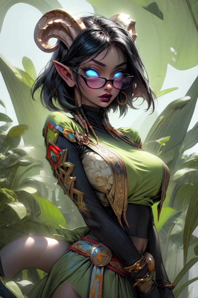 masterpiece, best quality, 1girl, solo, draenei, glowing eyes, colored sclera, tail ornament, hooves, white skin, blue eyes, black hair, shiny silver pouty lips, (tentacle hair:0.8), close-up, upper body, hair ornament, plump and large breasts, shiny skin, shiny silver lipstick, glasses, bob hair cut, fantasy, magic, psy powers