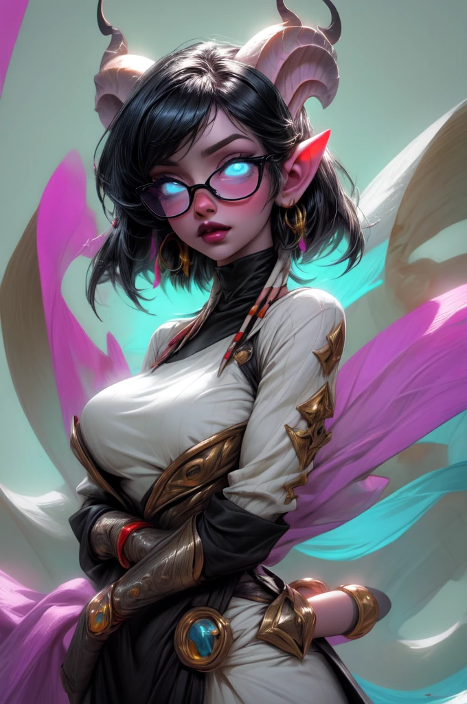 masterpiece, best quality, 1girl, solo, draenei, glowing eyes, colored sclera, tail ornament, hooves, white skin, blue eyes, black hair, shiny silver pouty lips, (tentacle hair:0.8), close-up, upper body, hair ornament, plump and large breasts, shiny skin, shiny silver lipstick, glasses, bob hair cut, fantasy, magic, psy powers